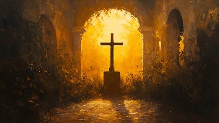 A painting of a crucifix silhouette against a brilliant golden sunrise, church courtyard with ivy-covered walls, delicate rays of light streaming through. Background of archways and bell tower.
