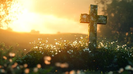 A romantic illustration of an old crucifix on a moss-covered wall, ivy in bloom with tiny white flowers, golden sunset light. Background of countryside landscape, rolling hills, soft glow.