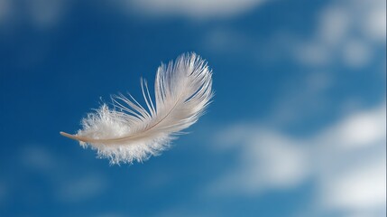 white feather floating on blue sky.