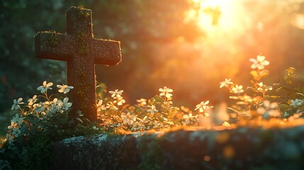 A romantic illustration of an old crucifix on a moss-covered wall, ivy in bloom with tiny white flowers, golden sunset light. Background of countryside landscape, rolling hills, soft glow.