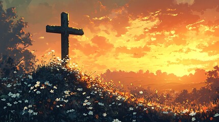 A romantic illustration of an old crucifix on a moss-covered wall, ivy in bloom with tiny white flowers, golden sunset light. Background of countryside landscape, rolling hills, soft glow.