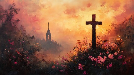 A romantic painting of a crucifix silhouette in golden sunrise, soft clouds glowing pink and orange, courtyard flowers bathed in light, peaceful aura. Background of bell tower silhouette.