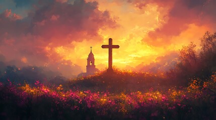 A romantic painting of a crucifix silhouette in golden sunrise, soft clouds glowing pink and orange, courtyard flowers bathed in light, peaceful aura. Background of bell tower silhouette.