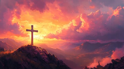 A romantic painting of a crucifix on a mountain, golden sunset casting long shadows, clouds glowing pink and orange, peaceful setting. Valley bathed in light, birds in sky. Warm palette, romanticism,
