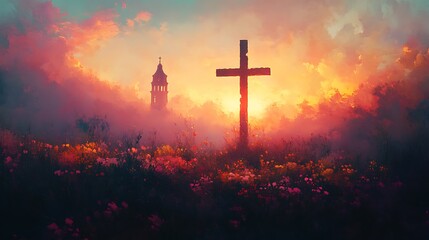 A romantic painting of a crucifix silhouette in golden sunrise, soft clouds glowing pink and orange, courtyard flowers bathed in light, peaceful aura. Background of bell tower silhouette.