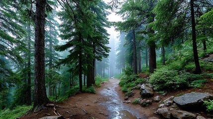 Fototapeta premium Misty Forest Pathway Surrounded by Lush Greenery and Tall Evergreen Trees in Soft Light
