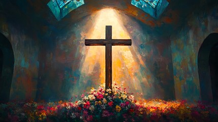 A romantic painting of a wooden crucifix under radiant stained glass, soft beams of light illuminating the cross, flowers arranged at its base, peaceful atmosphere. Background of delicate arches,