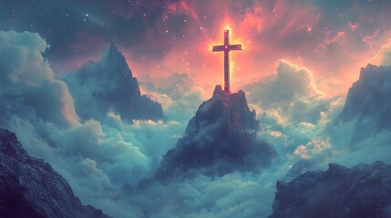 A surreal digital artwork of a crucifix floating above a mountain, ethereal clouds swirling below, radiant beams of light cascading, dreamlike mood. Cosmic sky beyond, stars faintly glowing.