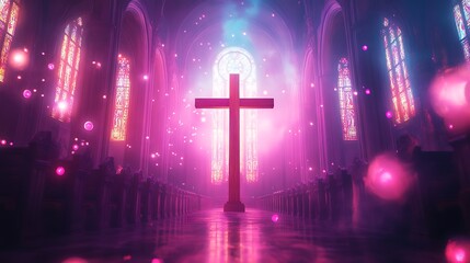 A surreal digital artwork of a glowing wooden crucifix inside a cathedral, stained glass pulsing with ethereal light, surreal floating orbs, dreamlike ambiance. Background dissolving into light.