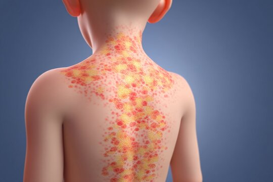 Viral rash on the back caused by roseola infantum, appearing as red spots in infants.