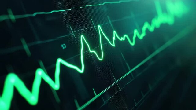 Green electrocardiogram waveform glowing on black screen showing heartbeat pulse and medical monitor with dynamic health cardiology data analysis and futuristic glowing lines