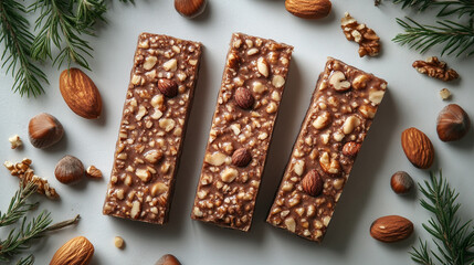 Protein bars with visible nuts rest on a clean white background with caption space&mdash;symbolizing healthy snacking, energy, natural ingredients, and balanced nutrition in a modern lifestyle.

