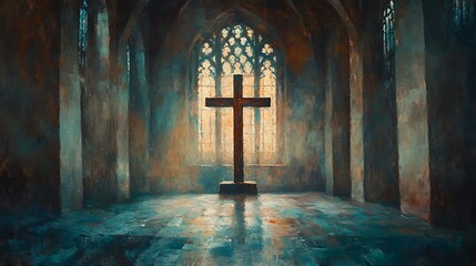 An impressionist painting of a wooden crucifix bathed in stained glass light, soft flowing brushstrokes, delicate play of color and shadow, dreamy atmosphere.