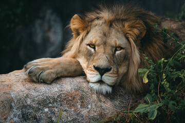 a lion laying on a rock in the jungle