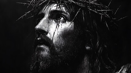 Engraving-style illustration close-up of Christ’s face, sharp etched lines, detailed crown of thorns, intense gaze, dramatic shadows. Blank background emphasizing face. Monochrome palette, engraving,