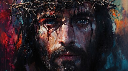 Impressionist painting close-up of Christ’s face, loose brushstrokes, crown of thorns blending into background, sorrowful eyes, expressive emotion. Soft glowing background, textured paint.