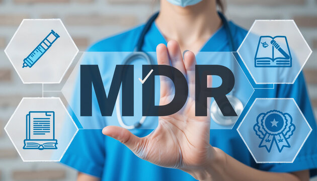Doctor using virtual touchscreen presses abbreviation MDR. Concept of MDR Medical Device Regulation