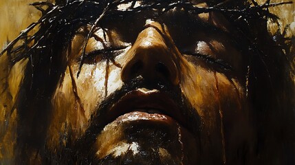 Oil painting close-up of Christ’s anguished face, crown of thorns detailed, eyes half-closed, subtle tear on cheek, muted background. Rough brush texture, deep shadows. Warm ochre palette,