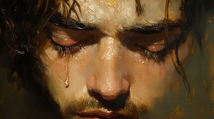 Oil painting close-up of Christ’s anguished face, crown of thorns detailed, eyes half-closed, subtle tear on cheek, muted background. Rough brush texture, deep shadows. Warm ochre palette,