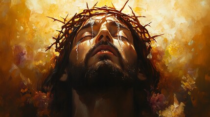 Romantic painting of Christ’s face, crown of thorns bathed in soft golden light, peaceful yet sorrowful expression, delicate tears, glowing background. Flowers scattered at base. Warm romantic tones,