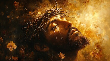 Romantic painting of Christ’s face, crown of thorns bathed in soft golden light, peaceful yet sorrowful expression, delicate tears, glowing background. Flowers scattered at base. Warm romantic tones,