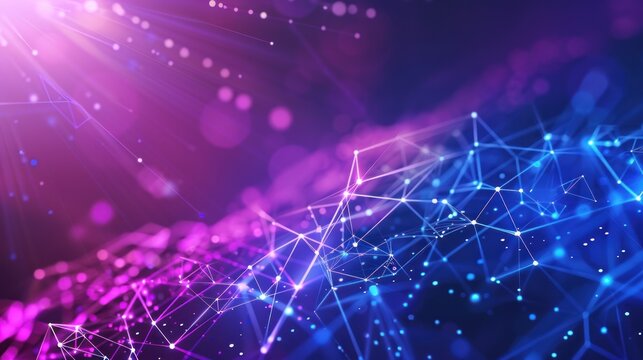 Abstract digital network graphic with vibrant purple and blue hues.  A complex web of interconnected points and lines creates a dynamic, futuristic design.  Soft light flares add depth and intrigue
