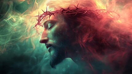 Surreal digital artwork of Christ’s face, crown of thorns morphing into vines, soft glowing skin, ethereal light surrounding head, dreamlike atmosphere. Blurred cosmic background. Neon pastel tones,