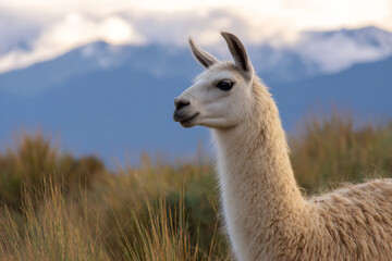 a llama standing in a field with mountains in the background