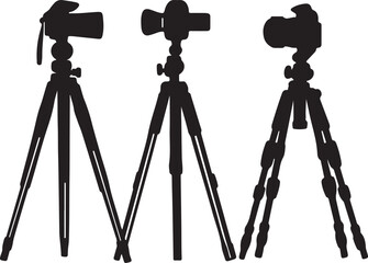 Silhouette of Camera Tripods: Photography Equipment, Studio Gear, Black and White Vector Image