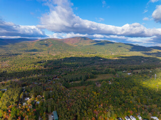 Ossipee Mountains aerial view in fall from top of Melvin Village, Tuftonboro town, New Hampshire...