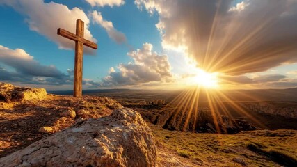 Wooden cross on rocky hill with sunburst and dramatic clouds at sunset, peaceful nature landscape with sun rays shining through sky, inspiring hill scenery and natural beauty - Powered by Adobe