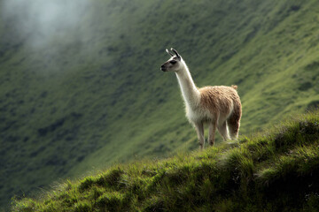 Fototapeta premium a llama standing on a grassy hill side