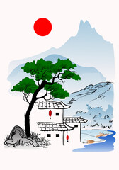 Chinese simple landscape drawing line art, ink vector illustration.