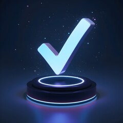Futuristic 3D check mark glowing in blue above a circular pedestal, surrounded by sparkles on a dark background. Symbolizes verification, success, approval, or confirmation in digital or tech themes.