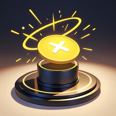 A glowing golden coin with a white plus sign levitates above a futuristic black pedestal, radiating energy. Ideal for concepts like rewards, bonuses, upgrades, and virtual currency.