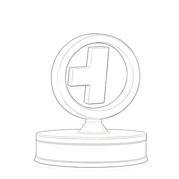 recommend clip art: Minimalist 3D line art of a circular pedestal featuring a bold plus symbol inside a ring. Ideal for medical, health, add, positive action, and interface design concepts.