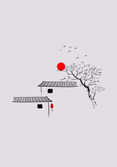 Chinese simple landscape drawing line art, ink vector illustration.