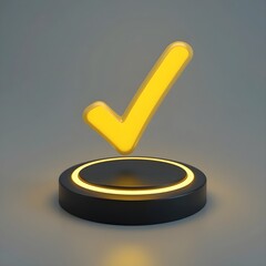 3D yellow check mark icon floating above a glowing black pedestal, symbolizing approval, success, or confirmation, on a minimalist gray background with modern lighting.