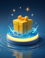 3D illustration of a yellow gift box with ribbon on a glowing platform, surrounded by magical water splash and floating stars. Perfect for festive, celebration, or holiday-themed digital content.