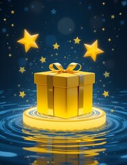 3D illustration of a golden gift box with ribbon on a glowing platform over water, surrounded by sparkling stars. Ideal for celebration, holiday, or luxury-themed designs.