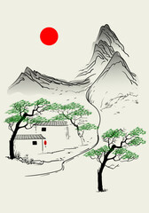 Chinese simple landscape drawing line art, ink vector illustration.