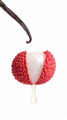 Fresh Lychee Peeling Open with Juice Drip and Vanilla Bean on Isolated White Background