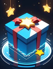 Blue gift box with red ribbon and golden star topper, surrounded by glowing stars and water ripples in a magical night setting. Perfect for festive, holiday, or fantasy-themed visuals.
