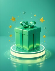 Green gift box with ribbon on glowing platform, surrounded by floating golden stars and soft reflections. Minimalist, festive 3D illustration perfect for holidays, celebrations, and digital design the