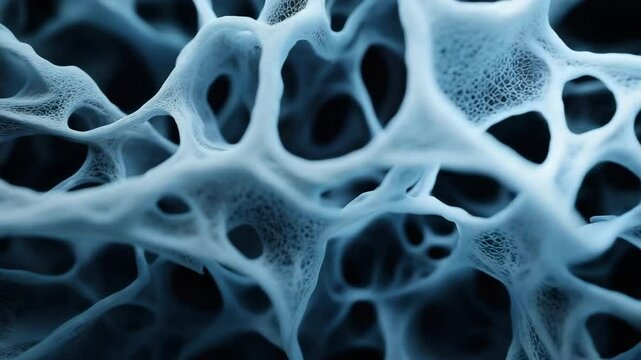 Porous blue bone structure with intricate microscopic network and interconnected holes, showing detailed tissue and sponge pattern in organic delicate glowing texture