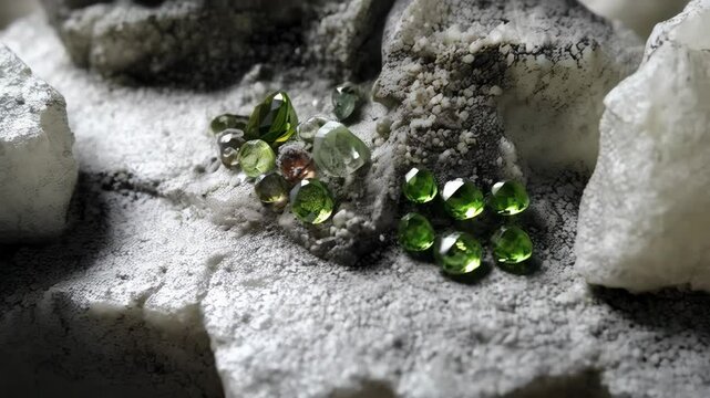 Close-up of uncut green and earth-toned gemstones on a mineral bed with natural light adding clarity and luminosity.