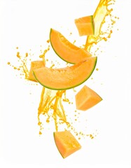 Fresh Melon Slices with Juice Splash in Dynamic Mid-Air Motion on Isolated White Background