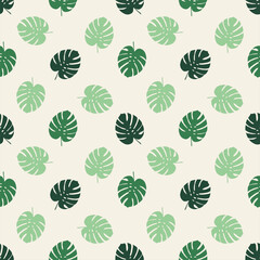 Seamless wallpapers, monstera leaf patterns, cream-colored surfaces, green leaves, vector patterns