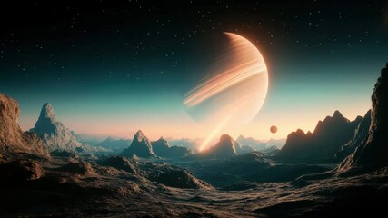 Breathtaking alien landscape with rocky terrain on distant ringed planet under starry sky, meteor shower illuminating extraterrestrial cosmic scene - Powered by Adobe