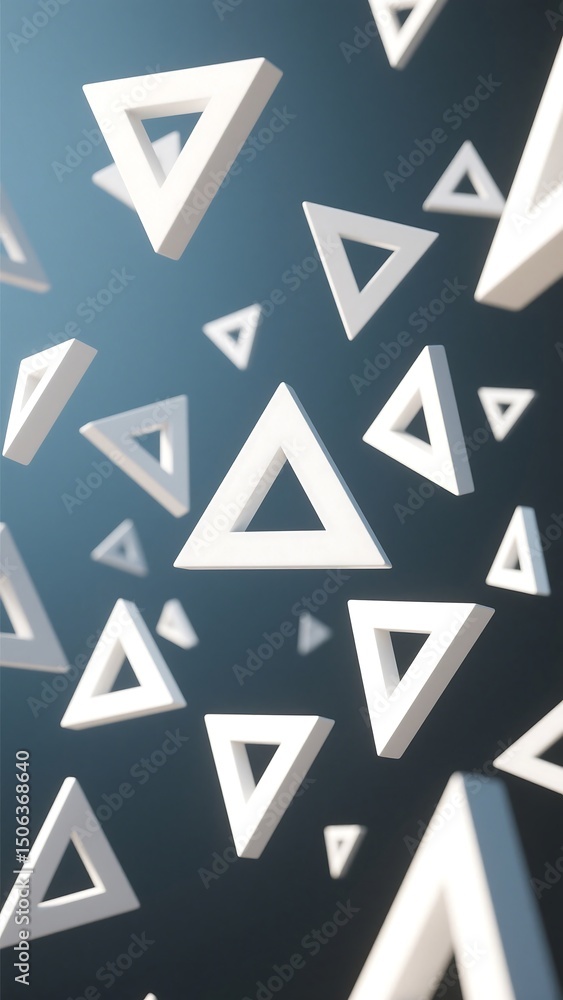 Poster abstract 3d rendering floating white triangles on dark blue background - minimalist geometric art